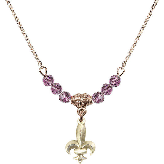 14kt Gold Filled Fleur de Lis Birthstone Necklace with Light Amethyst Beads - 0293