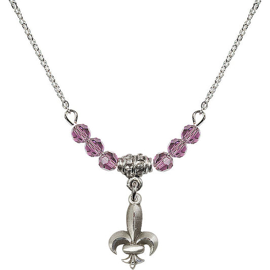 Sterling Silver Fleur de Lis Birthstone Necklace with Light Amethyst Beads - 0293