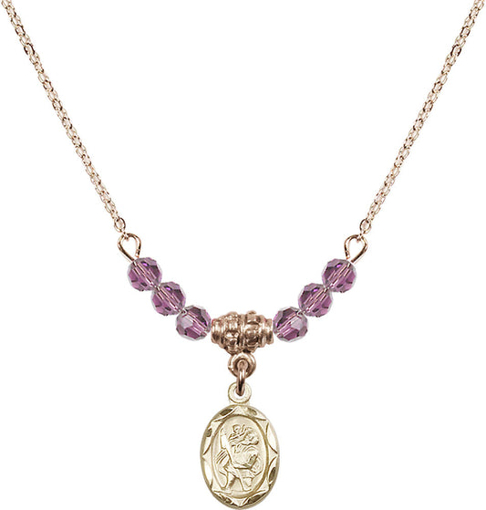 14kt Gold Filled Saint Christopher Birthstone Necklace with Light Amethyst Beads - 0301