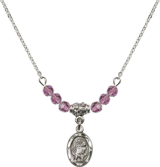 Sterling Silver Saint Christopher Birthstone Necklace with Light Amethyst Beads - 0301