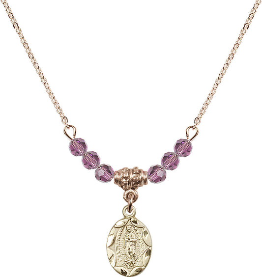 14kt Gold Filled Our Lady of Guadalupe Birthstone Necklace with Light Amethyst Beads - 0301