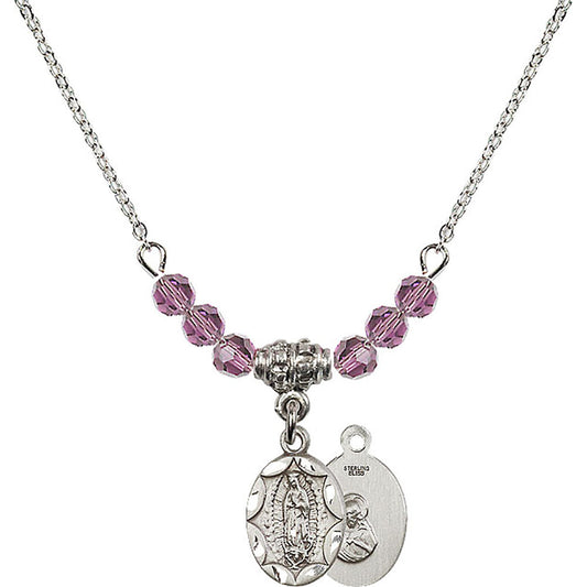 Sterling Silver Our Lady of Guadalupe Birthstone Necklace with Light Amethyst Beads - 0301