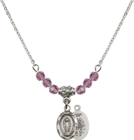 Sterling Silver Miraculous Birthstone Necklace with Light Amethyst Beads - 0301