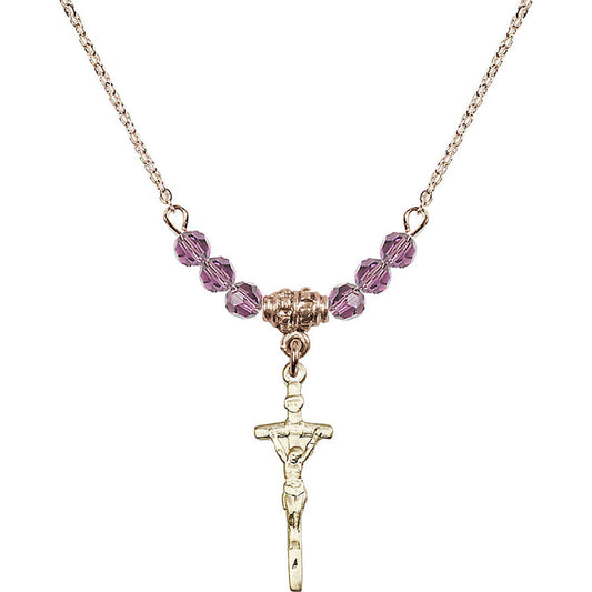 14kt Gold Filled Papal Crucifix Birthstone Necklace with Light Amethyst Beads - 0563