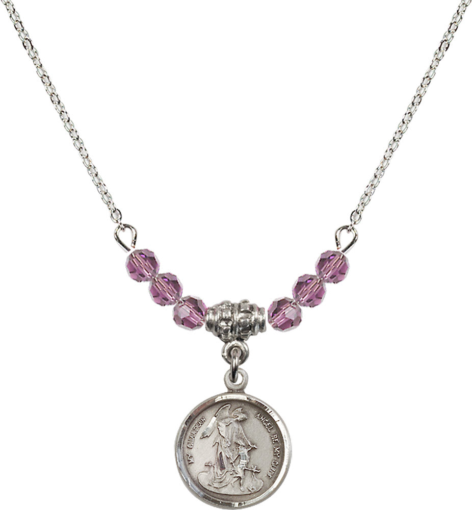 Sterling Silver Guardian Angel Birthstone Necklace with Light Amethyst Beads - 0601