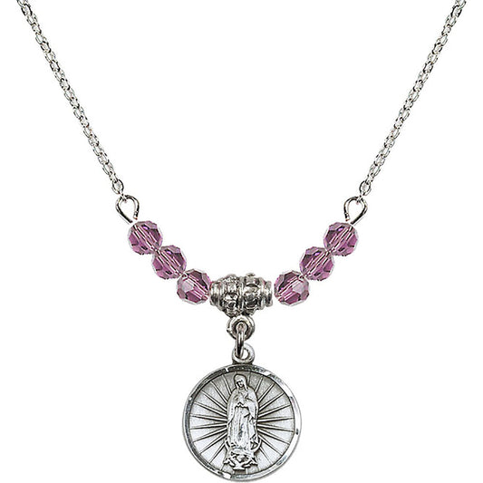 Sterling Silver Our Lady of Guadalupe Birthstone Necklace with Light Amethyst Beads - 0601