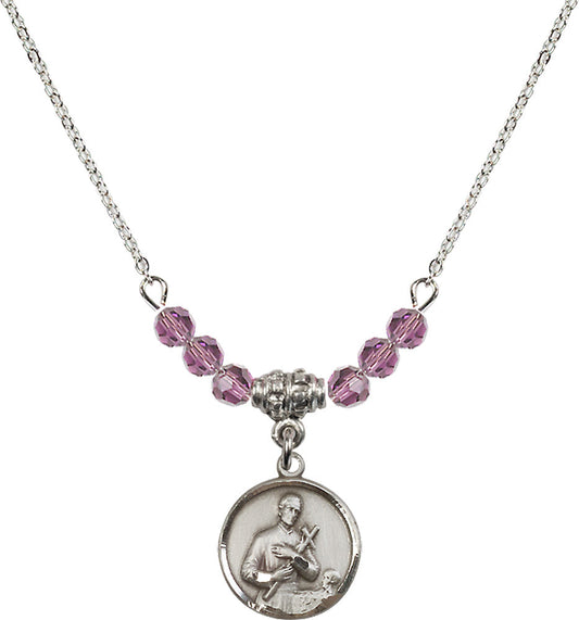 Sterling Silver Saint Gerard Birthstone Necklace with Light Amethyst Beads - 0601