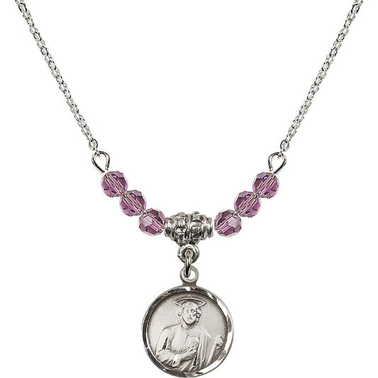 Sterling Silver Saint Jude Birthstone Necklace with Light Amethyst Beads - 0601