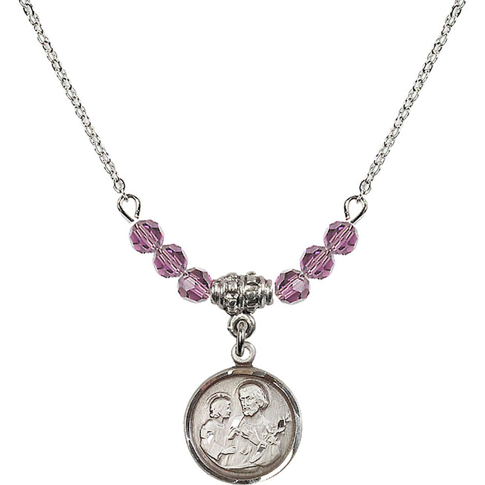 Sterling Silver Saint Joseph Birthstone Necklace with Light Amethyst Beads - 0601