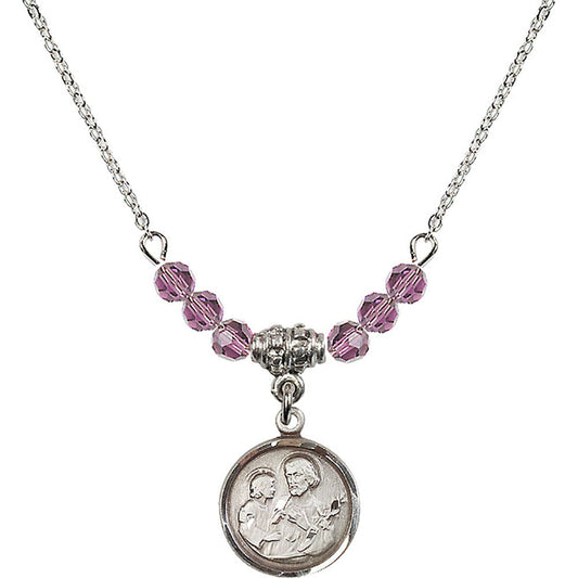 Sterling Silver Saint Joseph Birthstone Necklace with Light Amethyst Beads - 0601