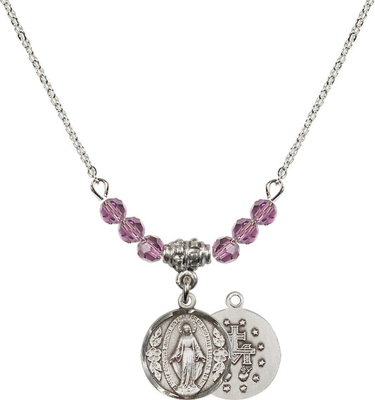 Sterling Silver Miraculous Birthstone Necklace with Light Amethyst Beads - 0601