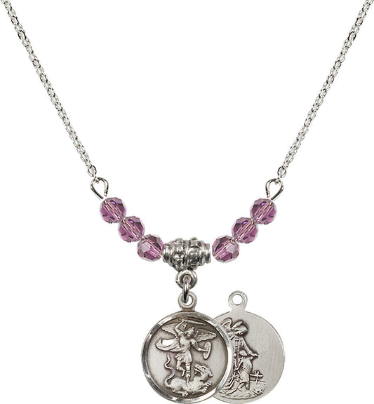 Sterling Silver Saint Michael the Archangel Birthstone Necklace with Light Amethyst Beads - 0601