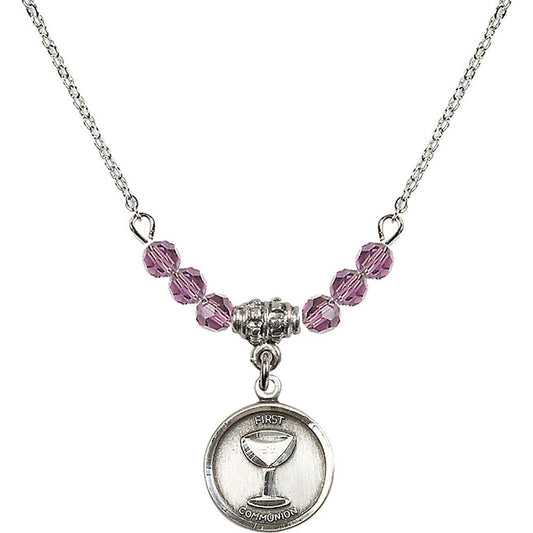 Sterling Silver Communion Birthstone Necklace with Light Amethyst Beads - 0601