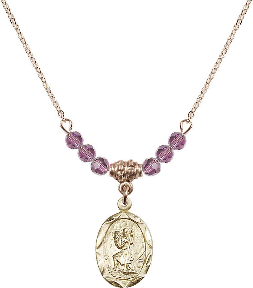 14kt Gold Filled Saint Christopher Birthstone Necklace with Light Amethyst Beads - 0612