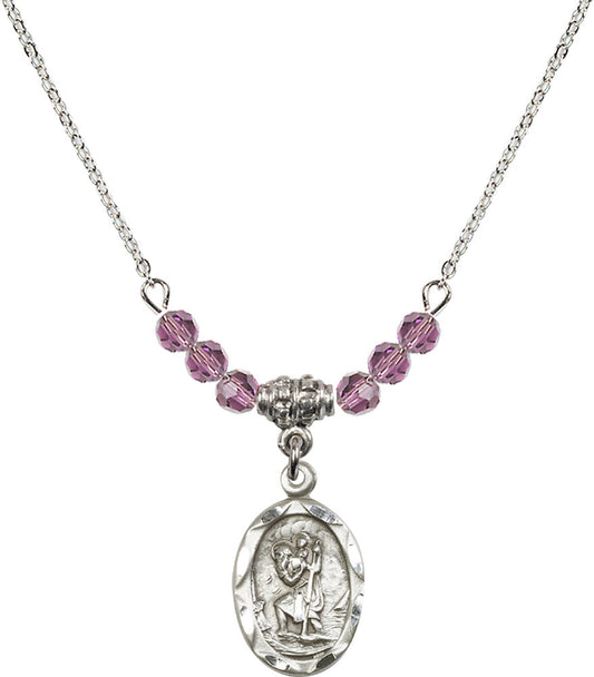 Sterling Silver Saint Christopher Birthstone Necklace with Light Amethyst Beads - 0612