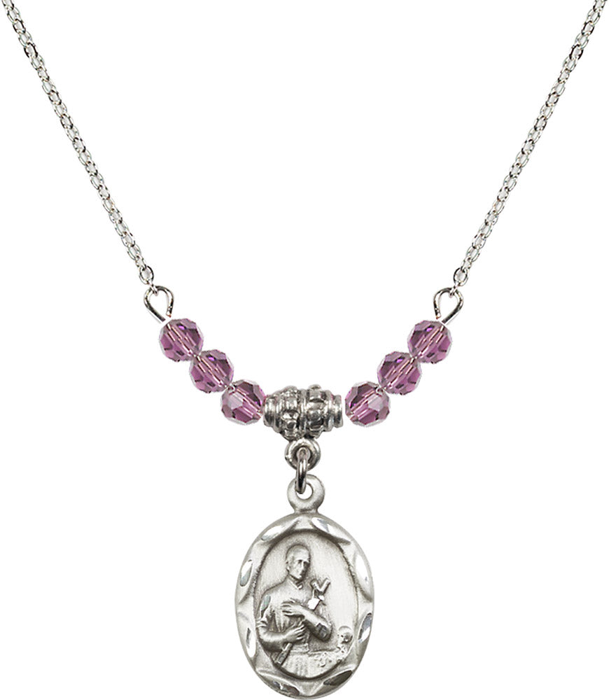Sterling Silver Saint Gerard Birthstone Necklace with Light Amethyst Beads - 0612