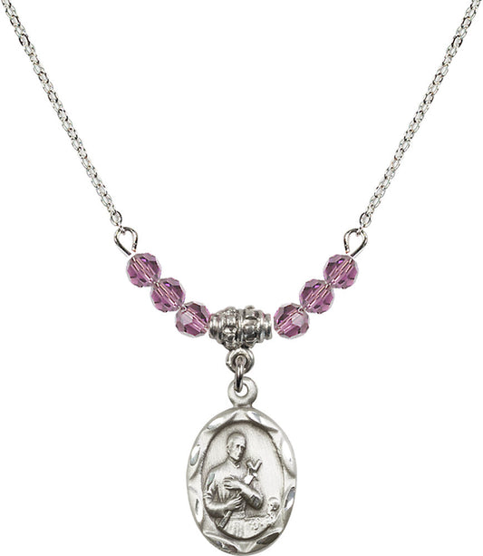 Sterling Silver Saint Gerard Birthstone Necklace with Light Amethyst Beads - 0612