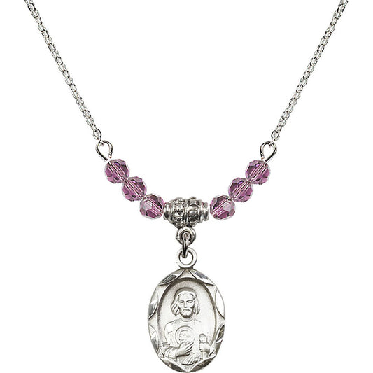 Sterling Silver Saint Jude Birthstone Necklace with Light Amethyst Beads - 0612