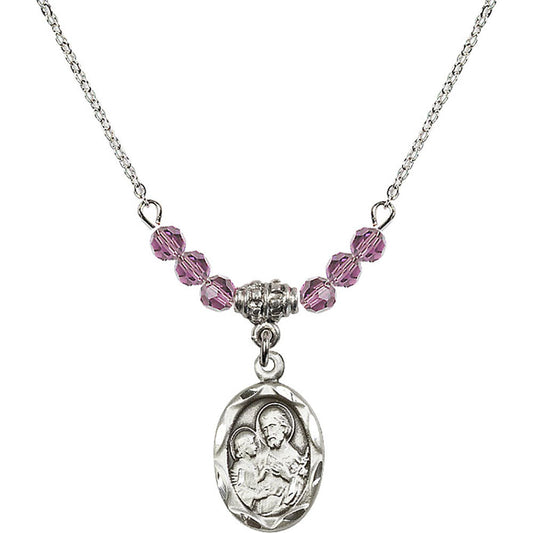 Sterling Silver Saint Joseph Birthstone Necklace with Light Amethyst Beads - 0612