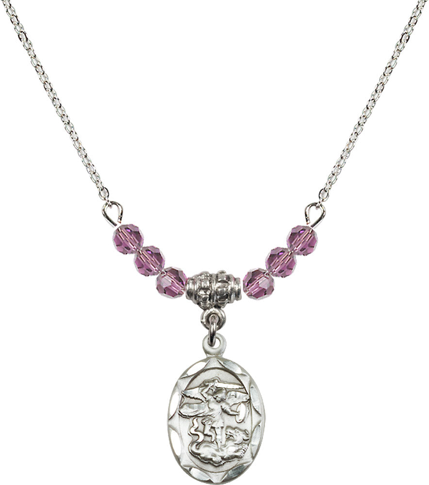 Sterling Silver Saint Michael the Archangel Birthstone Necklace with Light Amethyst Beads - 0612