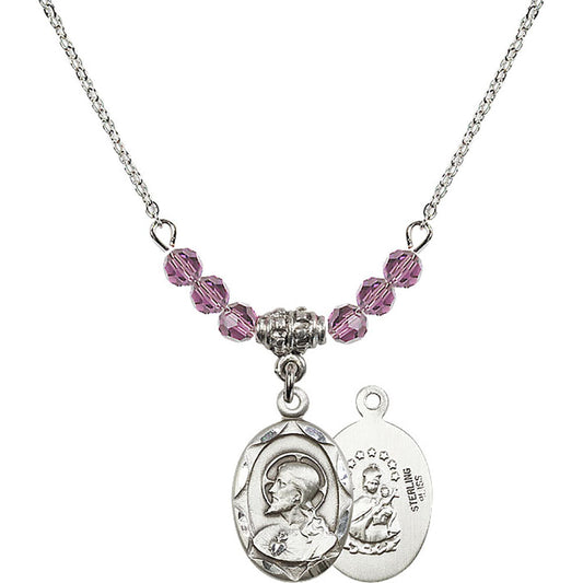 Sterling Silver Scapular Birthstone Necklace with Light Amethyst Beads - 0612