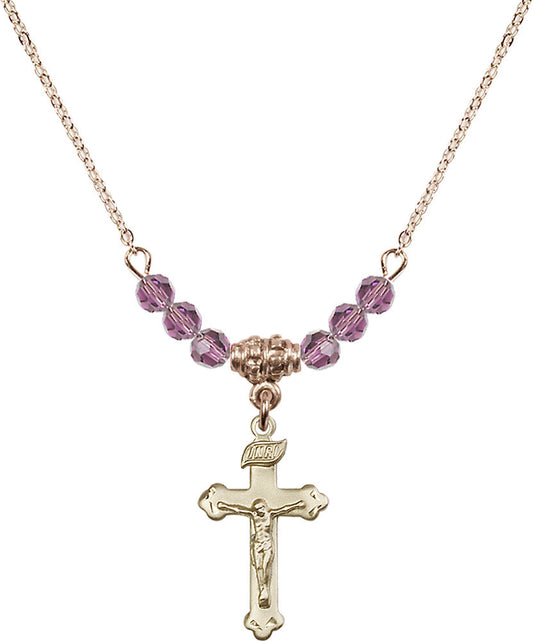 14kt Gold Filled Crucifix Birthstone Necklace with Light Amethyst Beads - 0669