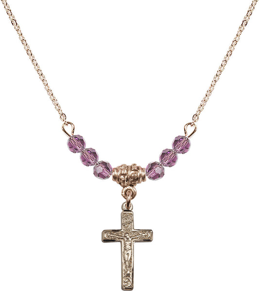14kt Gold Filled Crucifix Birthstone Necklace with Light Amethyst Beads - 0672