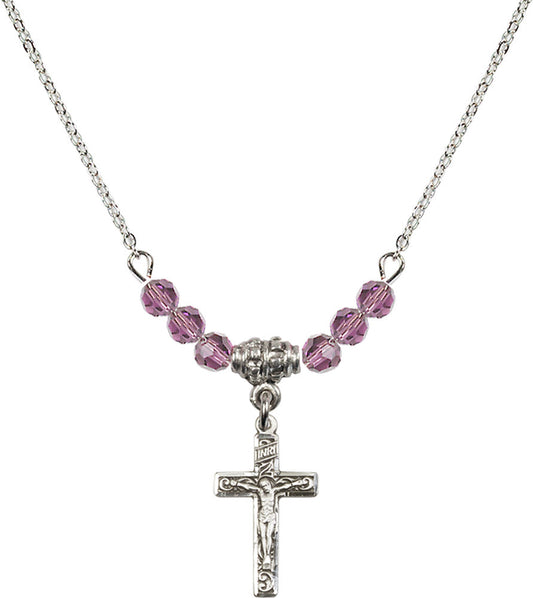 Sterling Silver Crucifix Birthstone Necklace with Light Amethyst Beads - 0672