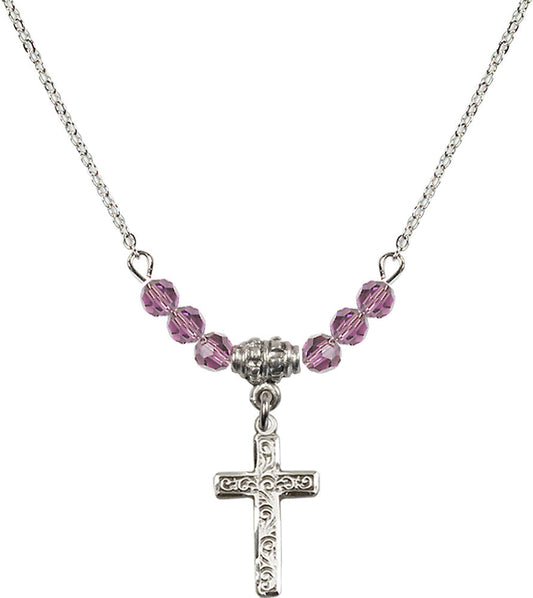 Sterling Silver Cross Birthstone Necklace with Light Amethyst Beads - 0672