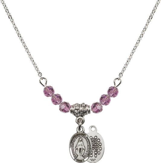 Sterling Silver Miraculous Birthstone Necklace with Light Amethyst Beads - 0702
