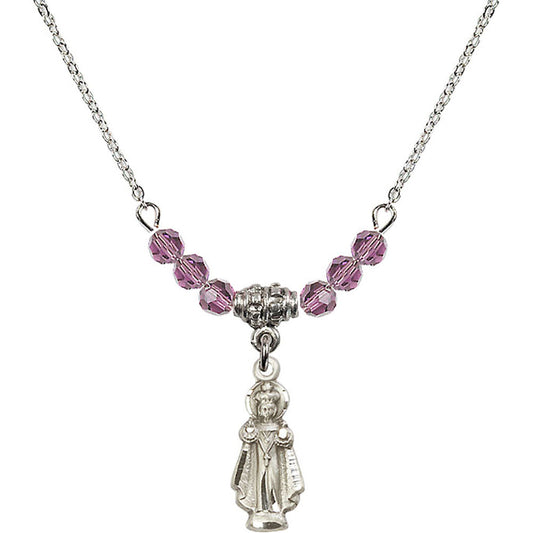 Sterling Silver Infant of Prague Birthstone Necklace with Light Amethyst Beads - 0823