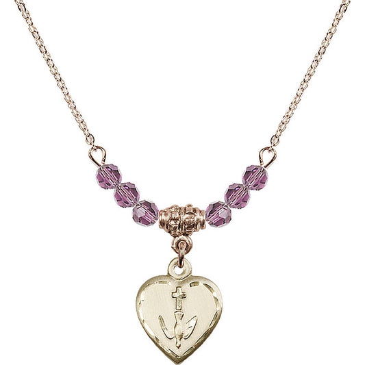 14kt Gold Filled Heart / Confirmation Birthstone Necklace with Light Amethyst Beads - 0891