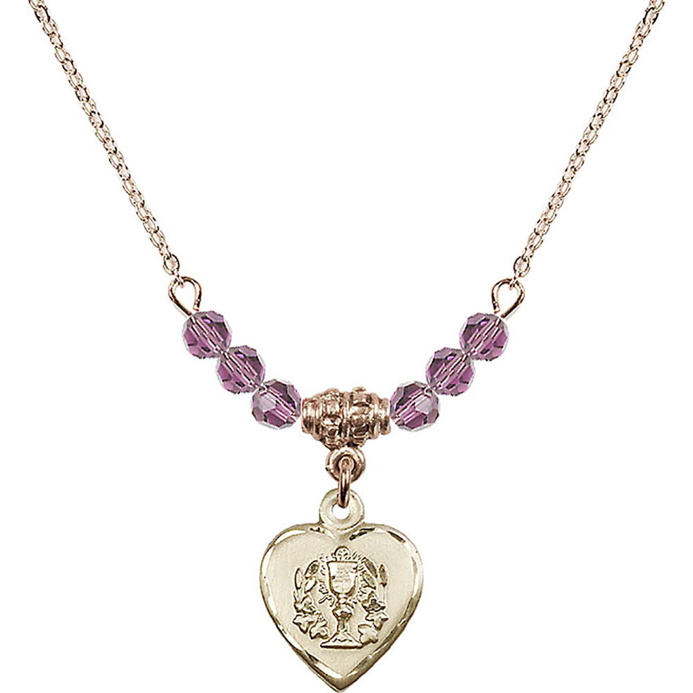 14kt Gold Filled Heart / Communion Birthstone Necklace with Light Amethyst Beads - 0892