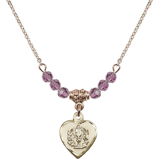14kt Gold Filled Heart / Communion Birthstone Necklace with Light Amethyst Beads - 0892