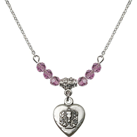 Sterling Silver Heart / Communion Birthstone Necklace with Light Amethyst Beads - 0892