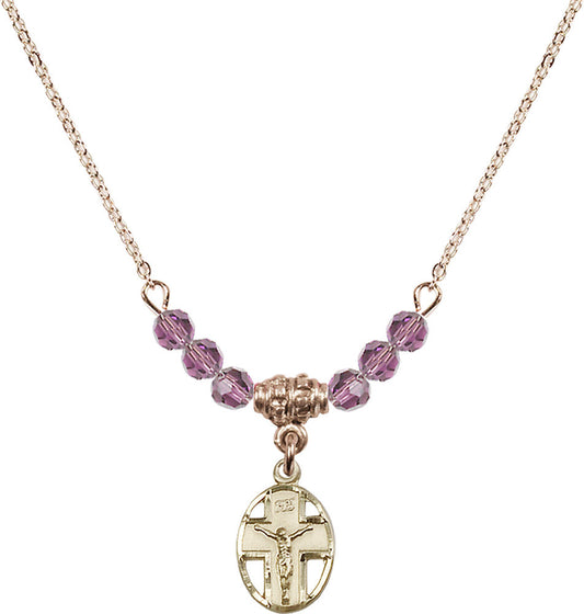 14kt Gold Filled Crucifix Birthstone Necklace with Light Amethyst Beads - 0978
