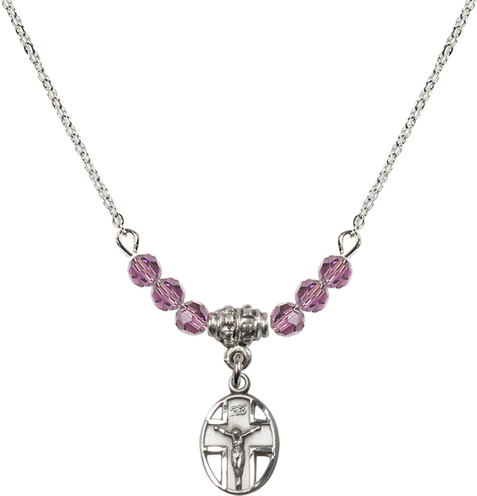 Sterling Silver Crucifix Birthstone Necklace with Light Amethyst Beads - 0978
