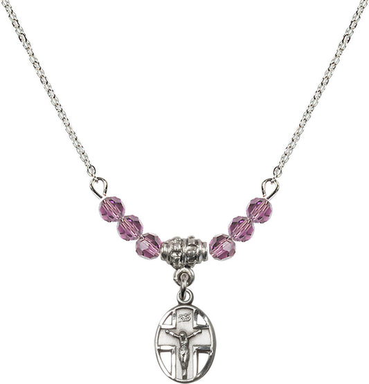 Sterling Silver Crucifix Birthstone Necklace with Light Amethyst Beads - 0978