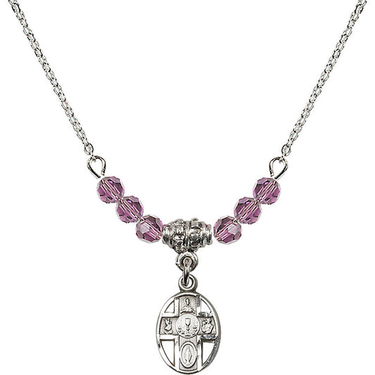 Sterling Silver 5-Way / Chalice Birthstone Necklace with Light Amethyst Beads - 0979