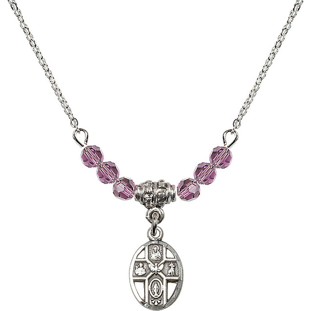 Sterling Silver 5-Way Birthstone Necklace with Light Amethyst Beads - 0980