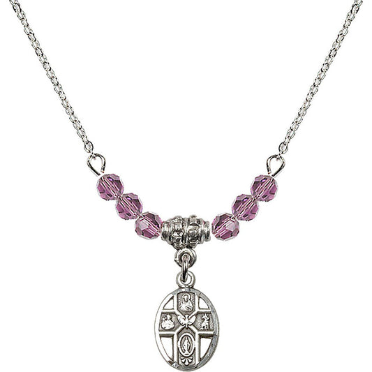 Sterling Silver 5-Way Birthstone Necklace with Light Amethyst Beads - 0980