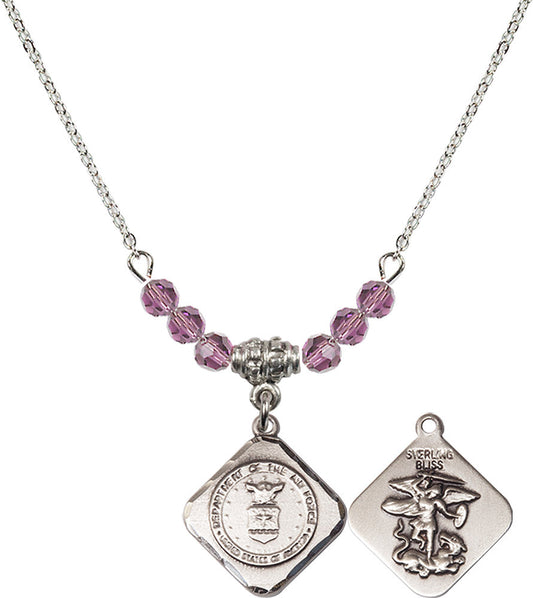 Sterling Silver Air Force Diamond Birthstone Necklace with Light Amethyst Beads - 1180