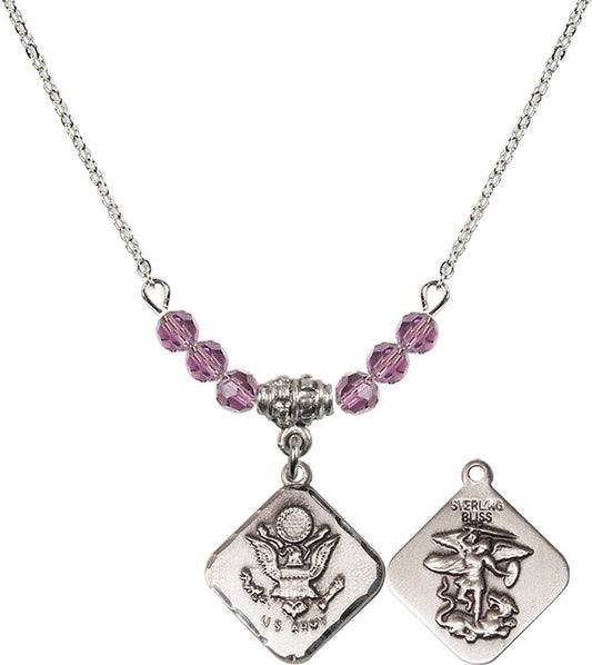 Sterling Silver Army Diamond Birthstone Necklace with Light Amethyst Beads - 1180
