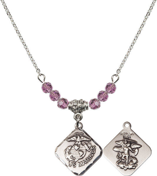 Sterling Silver Marines Diamond Birthstone Necklace with Light Amethyst Beads - 1180