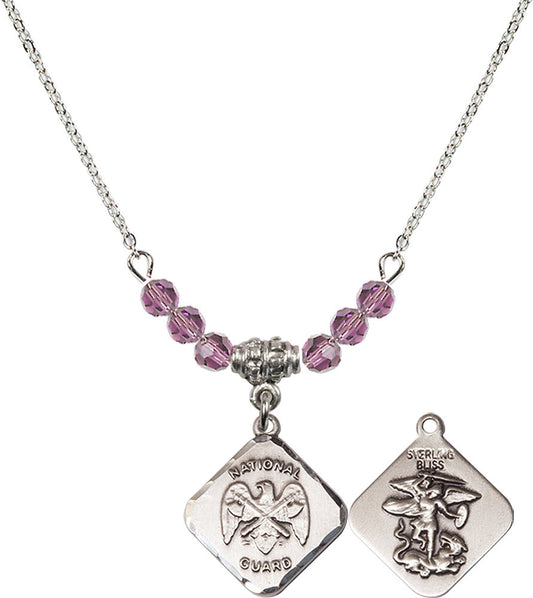 Sterling Silver Nat'l Guard Diamond Birthstone Necklace with Light Amethyst Beads - 1180