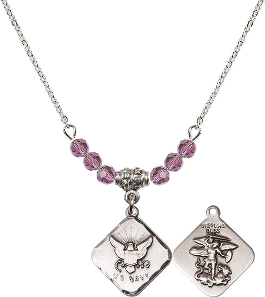 Sterling Silver Navy Diamond Birthstone Necklace with Light Amethyst Beads - 1180