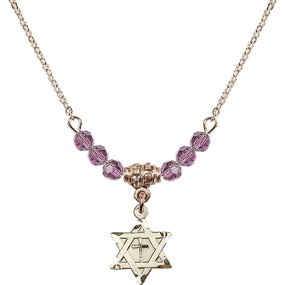 14kt Gold Filled Star of David w/ Cross Birthstone Necklace with Light Amethyst Beads - 1211