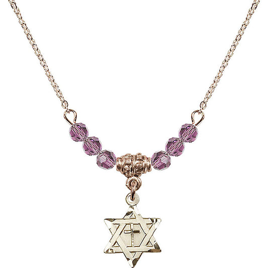 14kt Gold Filled Star of David w/ Cross Birthstone Necklace with Light Amethyst Beads - 1211