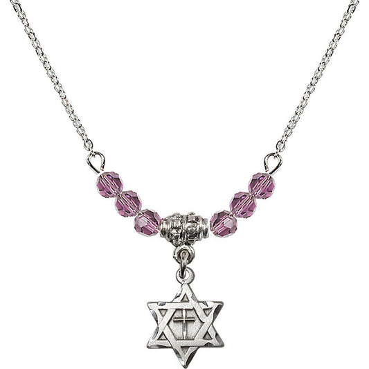 Sterling Silver Star of David w/ Cross Birthstone Necklace with Light Amethyst Beads - 1211