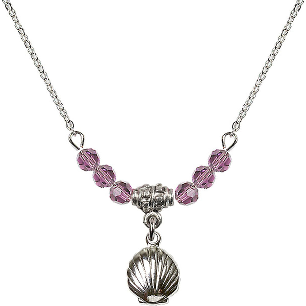 Sterling Silver Shell Birthstone Necklace with Light Amethyst Beads - 1260